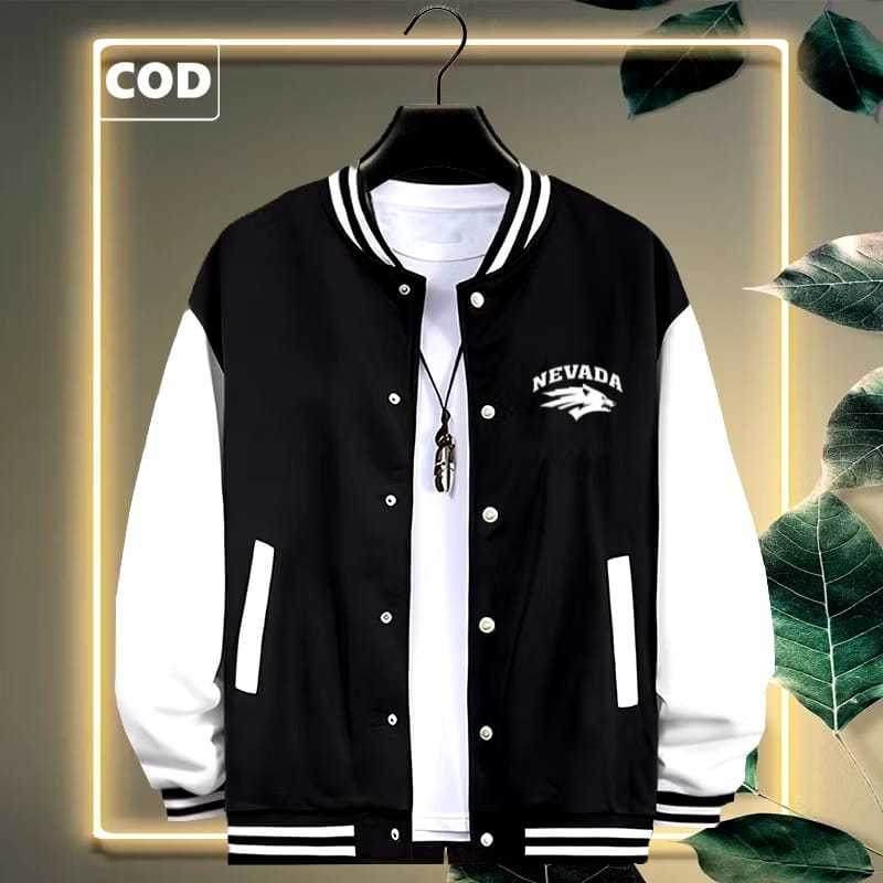 Terbaru  Jaket Baseball Varsity kancing NEVADA  Text PUTIH Jaket Varsity Kancing Premium Pria Wanita