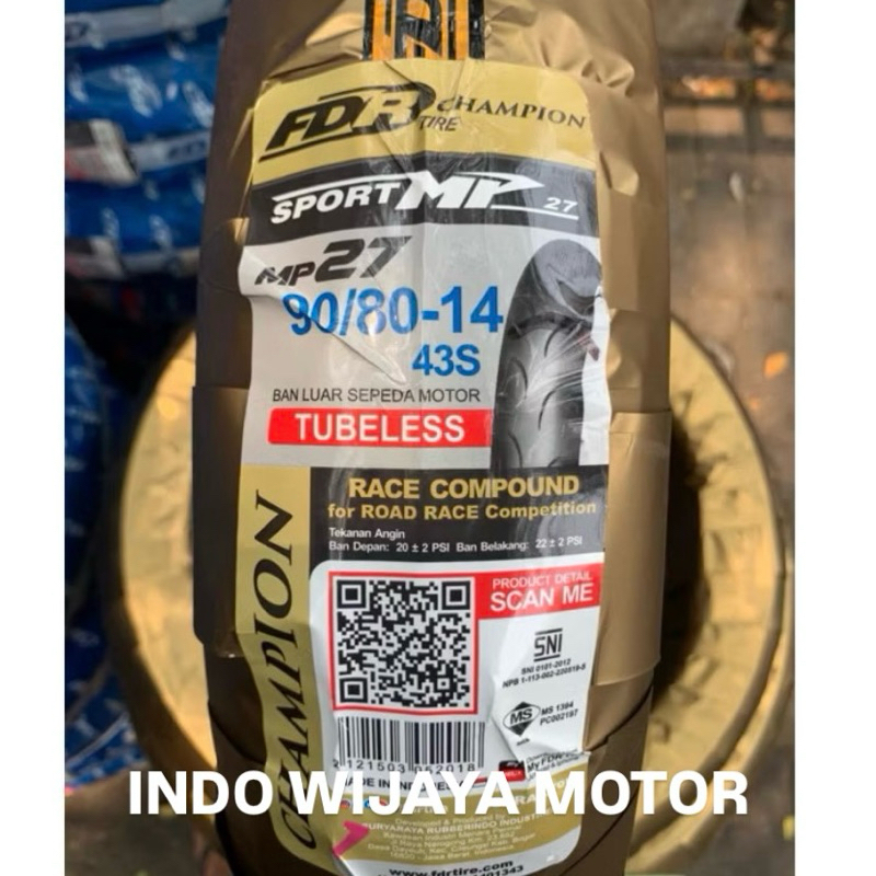FDR MP27 90/80-14 Tubeless / Ban Luar FDR MP27 Soft Compound FDR TL Sport MP27 Ring 14 dan 17 Ban Mo