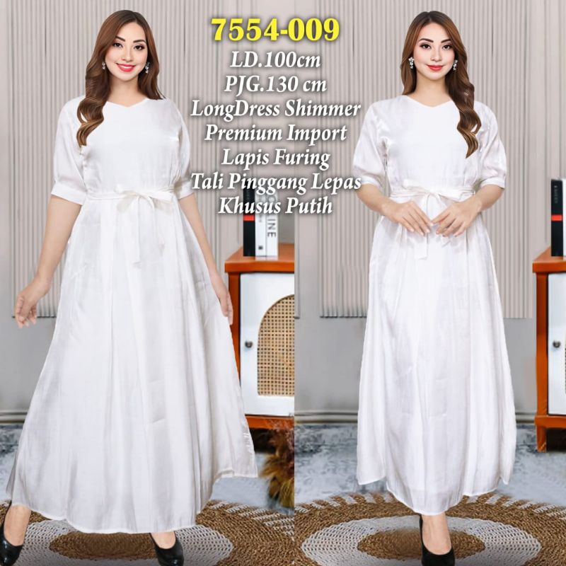 GAUN PUTIH PANJANG LONG DRESS BAHAN SHIMERS NON GLITER BAGUS MEWAH KHUSUS PUTIH LD 100 PANJANG 135 F