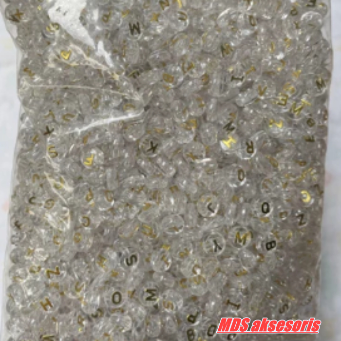 1pon mote manik bening tranpran huruf gold uk 10mm
