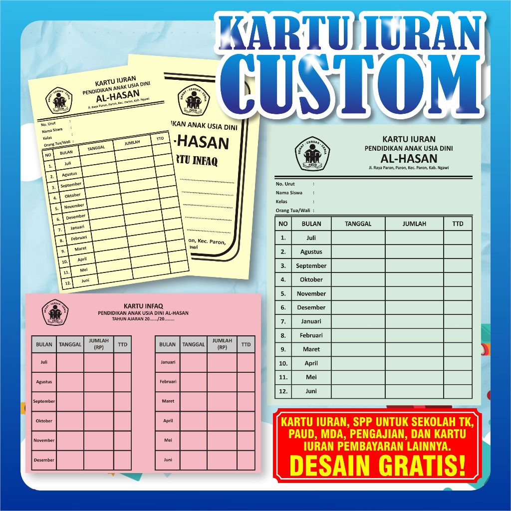 

CETAK KARTU IURAN | SPP | INFAQ | ANGSURAN | ARISAN | CUSTOM | TERMURAH | KARTU MURAH
