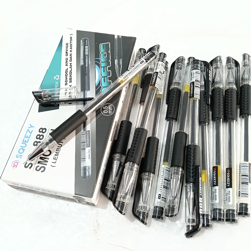 

1 KOTAK PENA CAIR ANTI MACET 0,5 SQUEEZY GEL PEN SMOOTH MATA RUNCING SQ-888 ISI 12