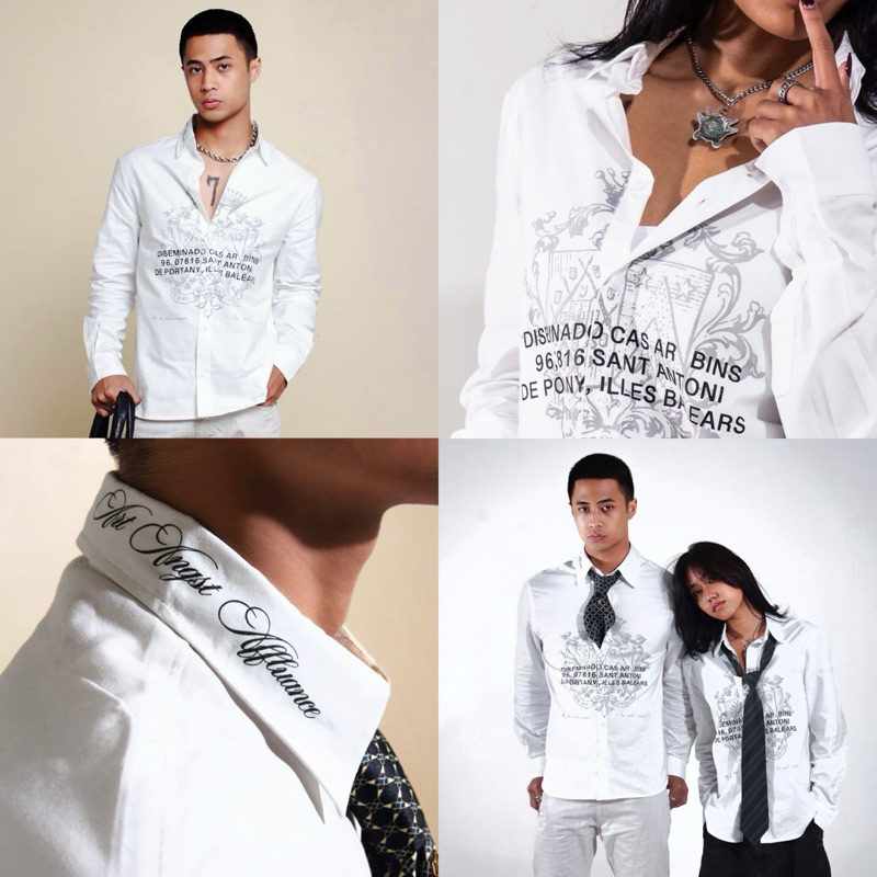 SAINTP Unisex Long Sleeve Men Women Collared Shirt White Cotton Front and Collar Print Regular Fit S