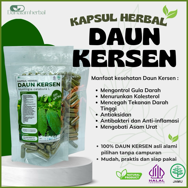 Kapsul Herbal DAUN KERSEN isi 100 kapsul | Kapsul Sejuta manfaat asli 100% Daun Kersen / keres Alami