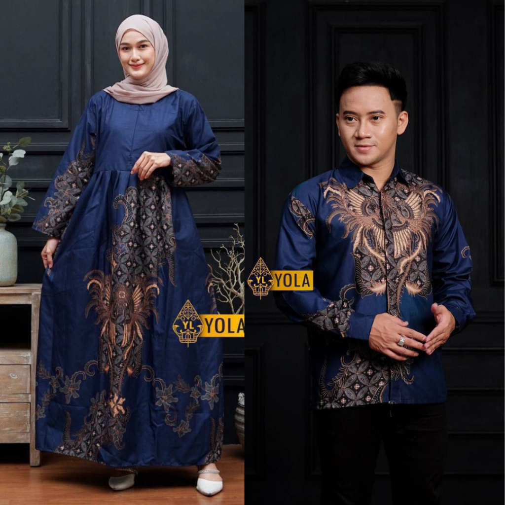 Smdstore Gamis Batik Coupel Pasangan Polymicro Layangan Navy Standar Jumbo
