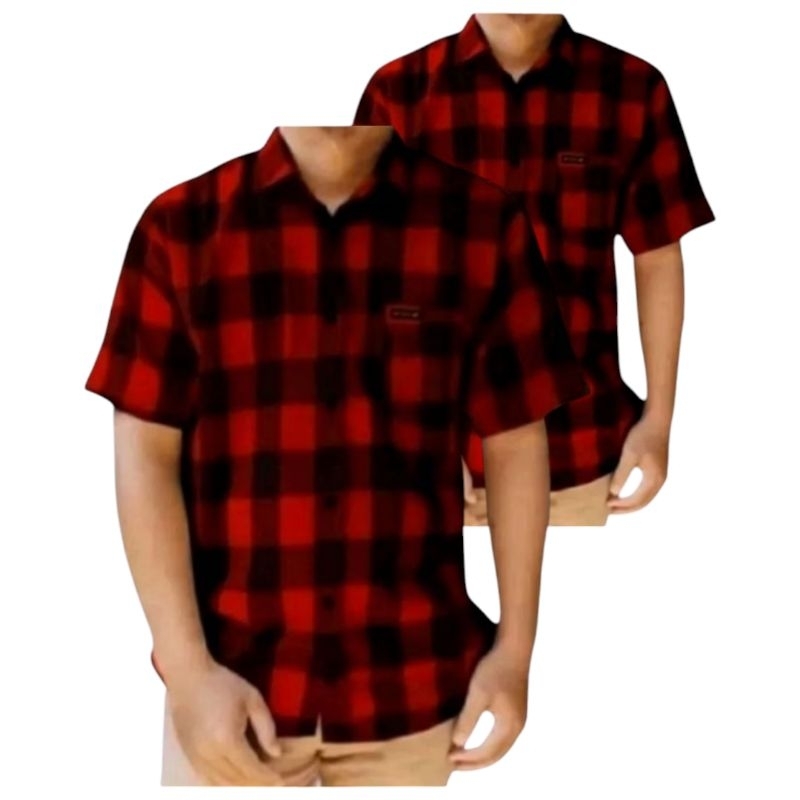 kemeja flanel pria lengan pendek distro motif kotak kotak merah baju santai cowo kasual