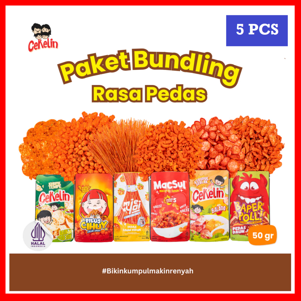 

CEKELIN Cemilan Paket Pemula 5pcs Makaroni Mie Lidi Pilus Kerupuk Basreng Keripik Tempe / Cemilan