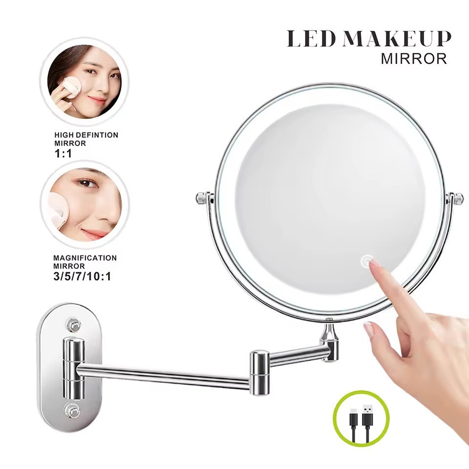 Kaca Cermin Dinding Lipat Make Up Rias Lampu LED Rechargeable Tombol Touch Screen 360 Pembesaran 7X