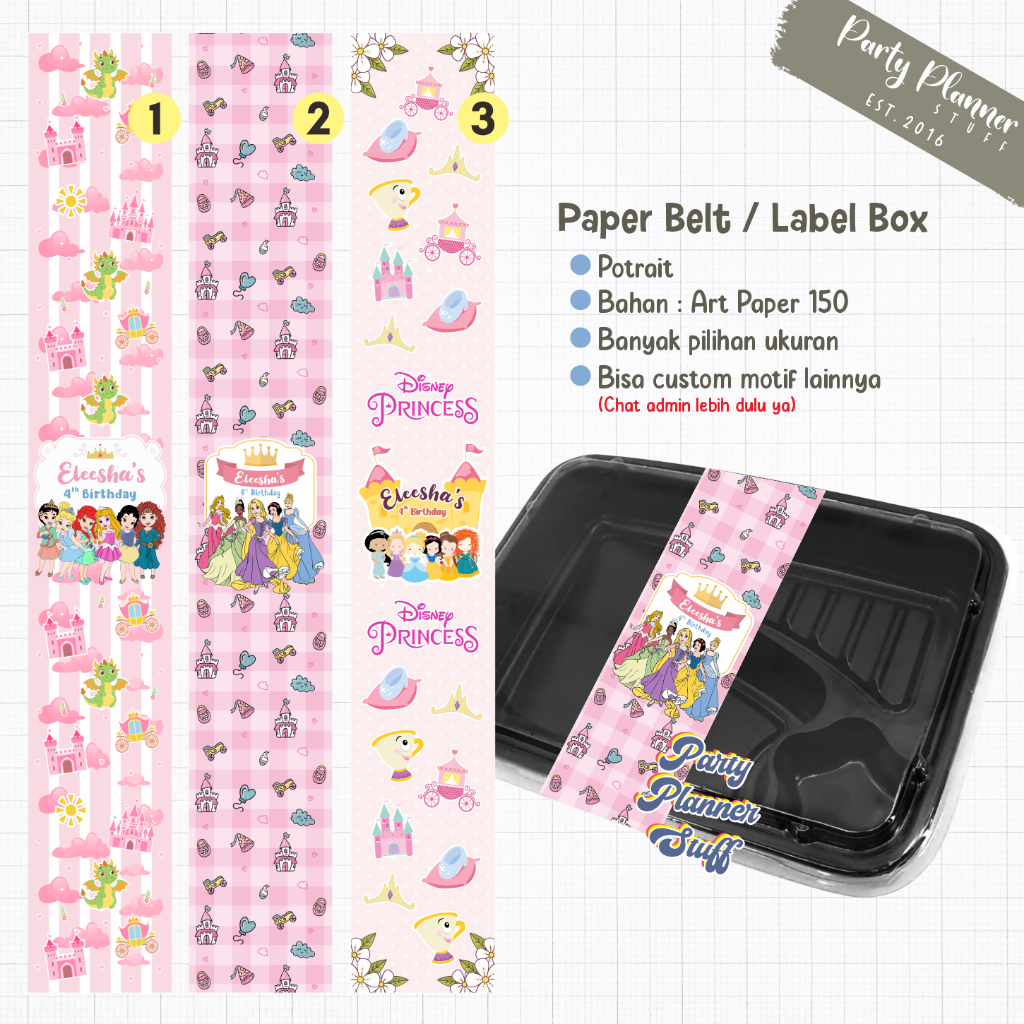 

Paper belt box bento disney princess / paper sleeve kotak makanan / paper belt bento ulang tahun anak / custom paper belt makanan / paperbelt souvenir ulang tahun / ulang tahun princess disney