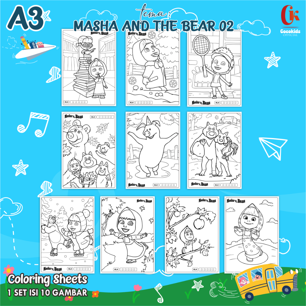 

(MARSHA & THE BEAR 02) KERTAS MEWARNAI ANAK A3 - COLORING SHEETS SERIES 1 - LEMBAR MEWARNAI ANAK PAUD/TK/SD