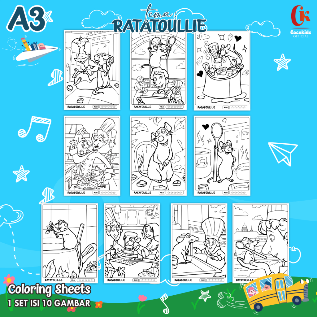 

(RATATOULE 01) KERTAS MEWARNAI ANAK A3 - COLORING SHEETS SERIES 1 - LEMBAR MEWARNAI ANAK PAUD/TK/SD
