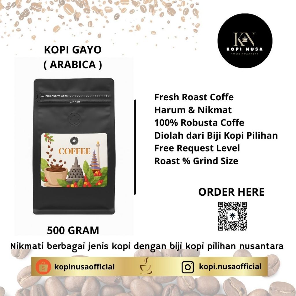 

Kopi Arabika Gayo Coffee Roast Bean Espresso Beans Biji Bubuk Nusa Roastery PREMIUM 500 Gram