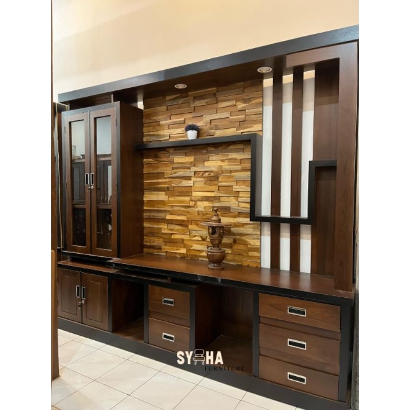 Bufet TV Minimalis Sekat Ruangan Lemari Hias Free Kaca