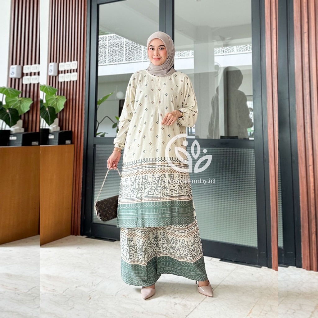 One Set Tunik Velocity Rayon Batik Premium Jumbo Rempel Busui Adem Nyaman Atasan Bawahan Wanita Cela