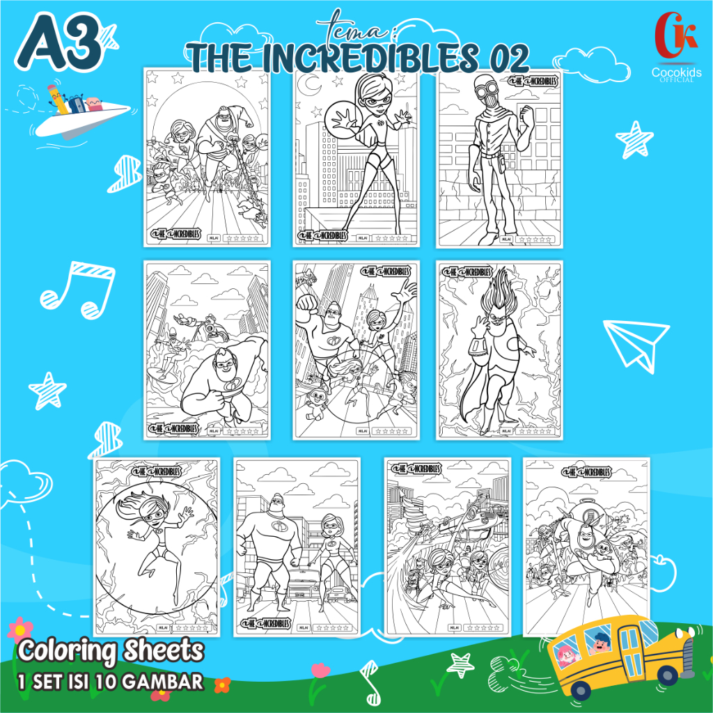 

(THE INCRIDIBLE 02) KERTAS MEWARNAI ANAK A3 - COLORING SHEETS SERIES 1 - LEMBAR MEWARNAI ANAK PAUD/TK/SD