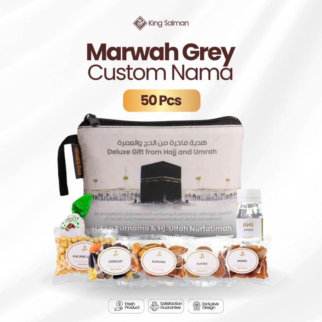 

Oleh Oleh Umroh & Haji Premium - King Salman Gift | MARWAH GREY Paket 50 PCS Custom Pouch Exclusive