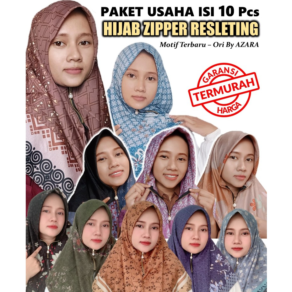 Paket Usaha 10 Pcs Jilbab Zipper Resleting Hijab Ziper Kerudung Seleting Segi Empat Instan Voal Moti