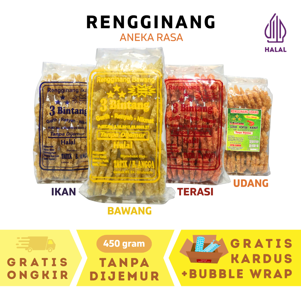 

RENGGINANG khas Situbondo rasa Bawang, Terasi, Ikan dan Udang merk 3 bintang