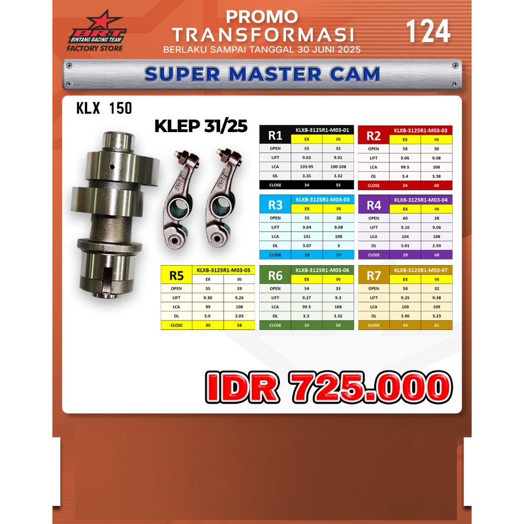 MASTERCAM + ROCKER ARM 31/25 KLX 150 - R1/R2/R3/R4/R5/R6/R7 BRT BINTANG RACING TEAM