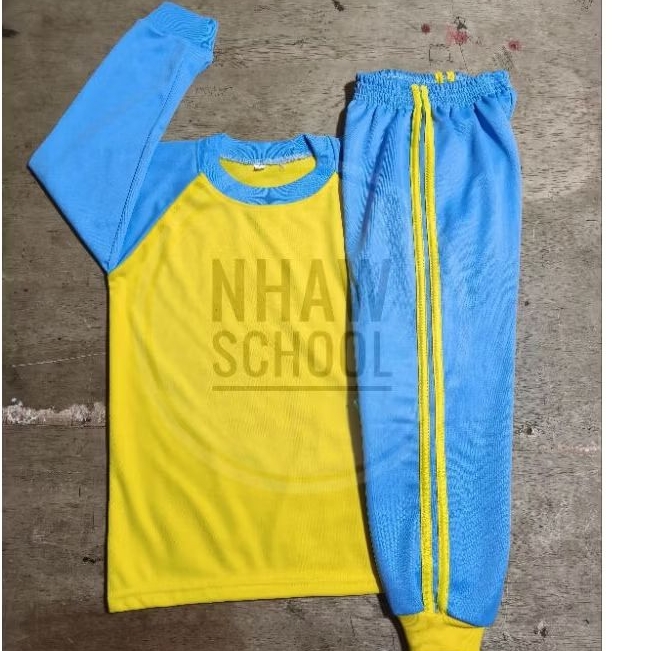 seragam pakaian olahraga anak TK PAUD warna biru bebi & kuning kenari