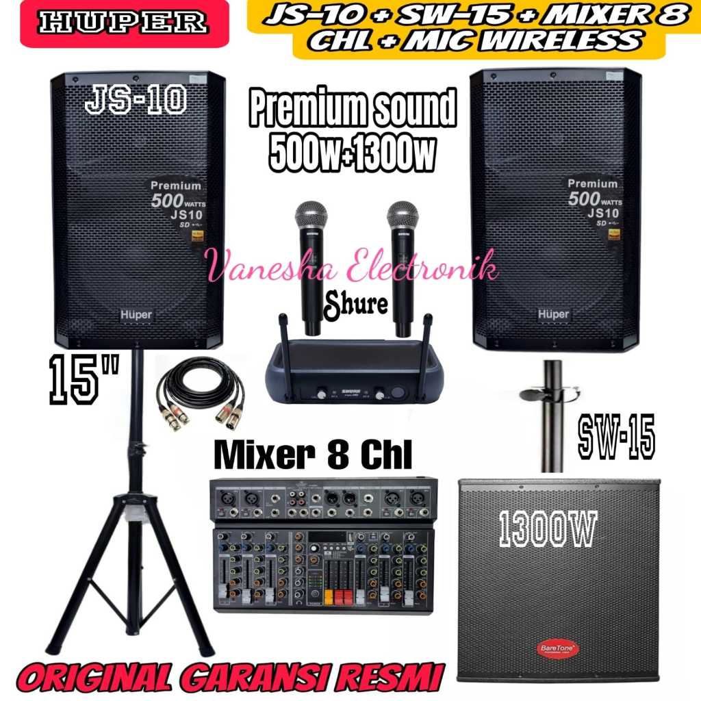 Paket Sound System Speaker Aktif 15 Inch Huper JS10+Subwoofer 15" Baretone SW15+Mixer Crimson 8 Chan