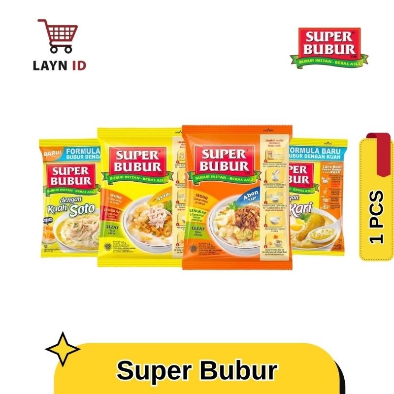 

Super Bubur - Bubur Instan Rasa Ayam, Abon Sapi, Kuah Kari, dan Kuah Soto