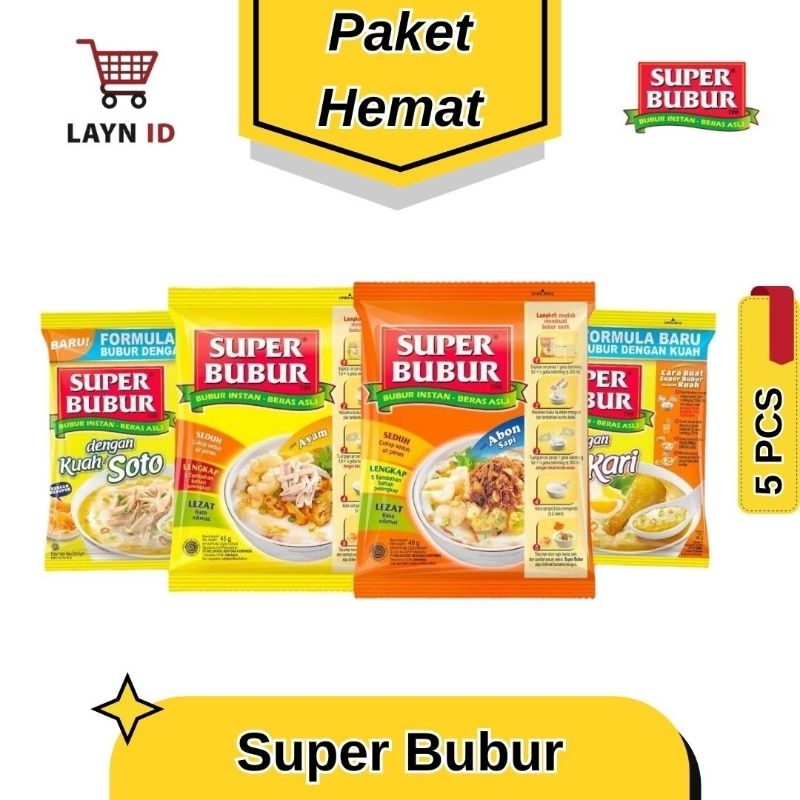 

Super Bubur - PAKET HEMAT 5 PCS - Bubur Instan Rasa Ayam, Abon Sapi, Kuah Kari, dan Kuah Soto