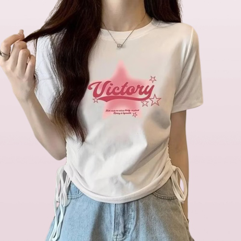 Kaos Crop Premium Wanita - Victory Oversize Crop Premium Wanita Tali Serut - Atasan - Baju Kaos Wani
