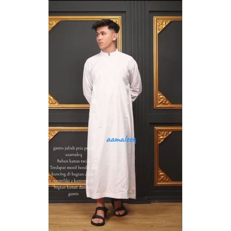 Gamis jubah pria putih bordir lengan panjang