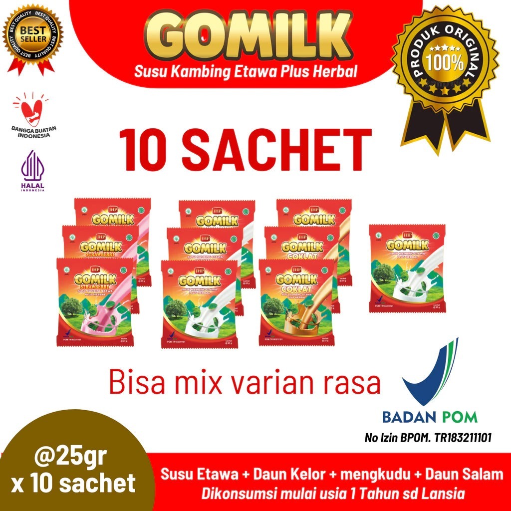 

[Paket 10 pcs Sachet] Gomilk – Susu Kambing Etawa Plus Herbal