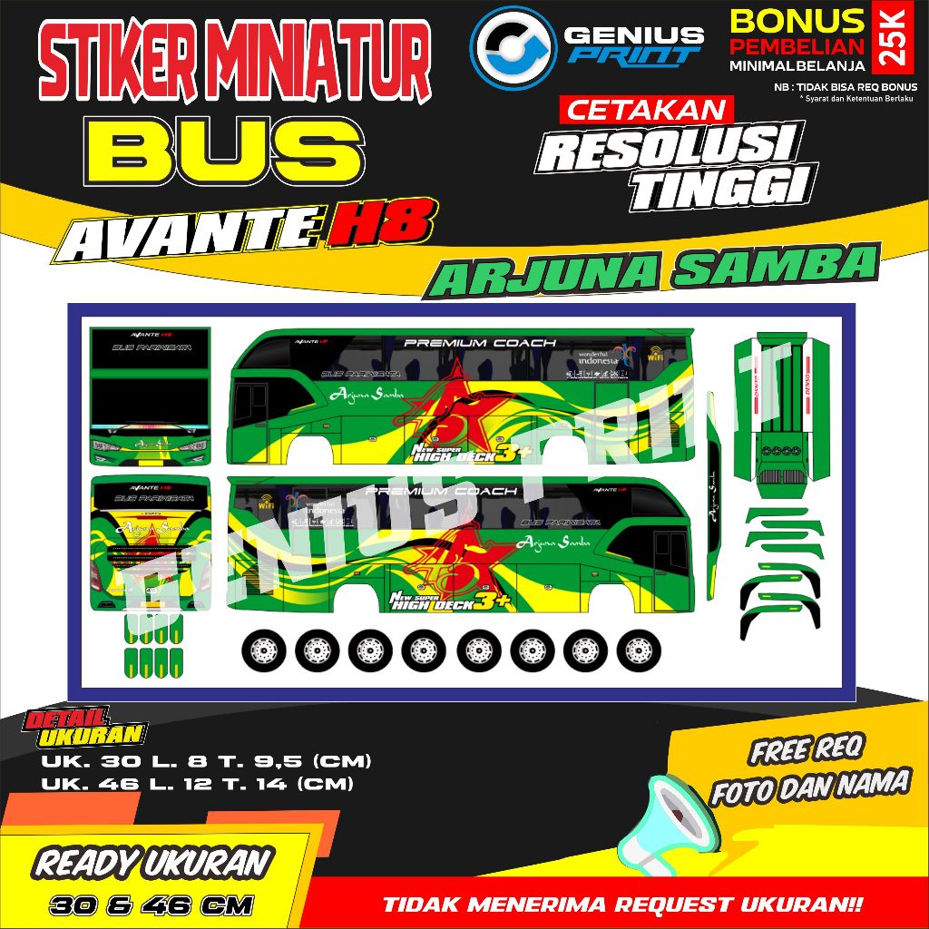 Stiker A3 Miniatur Bus Avante H8 Livery Arjuna Samba | Baik Rasa | 27 Trans | Ramayana | Madinah Tra