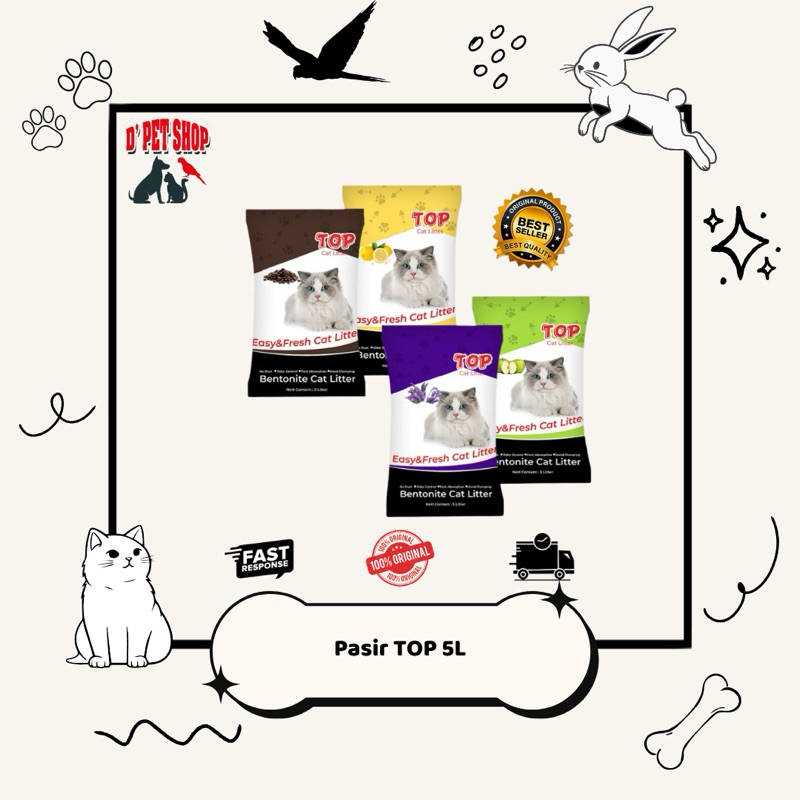 Pasir Kucing TOP 5L – Aroma Kopi / Lavender / Apel / Lemon | Gumpal & Wangi