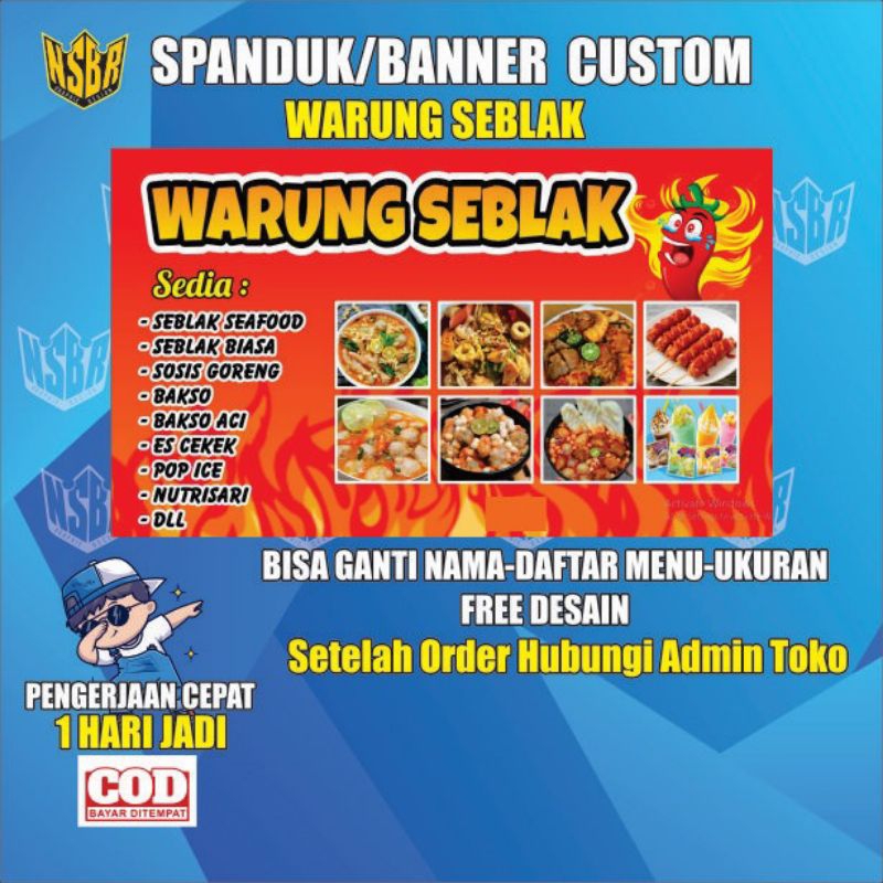 Spanduk/Banner Warung Seblak Bisa Ganti Nama-Ukuran-Daftar Menu Dll