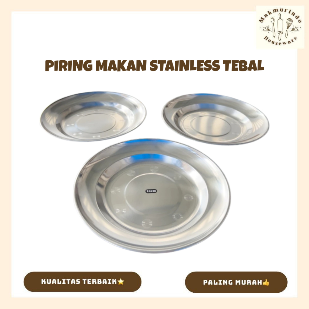 12 Pcs Piring Makan Stainless Steel Tebal Anti Karat - MAKMURINDO HOUSEWARE
