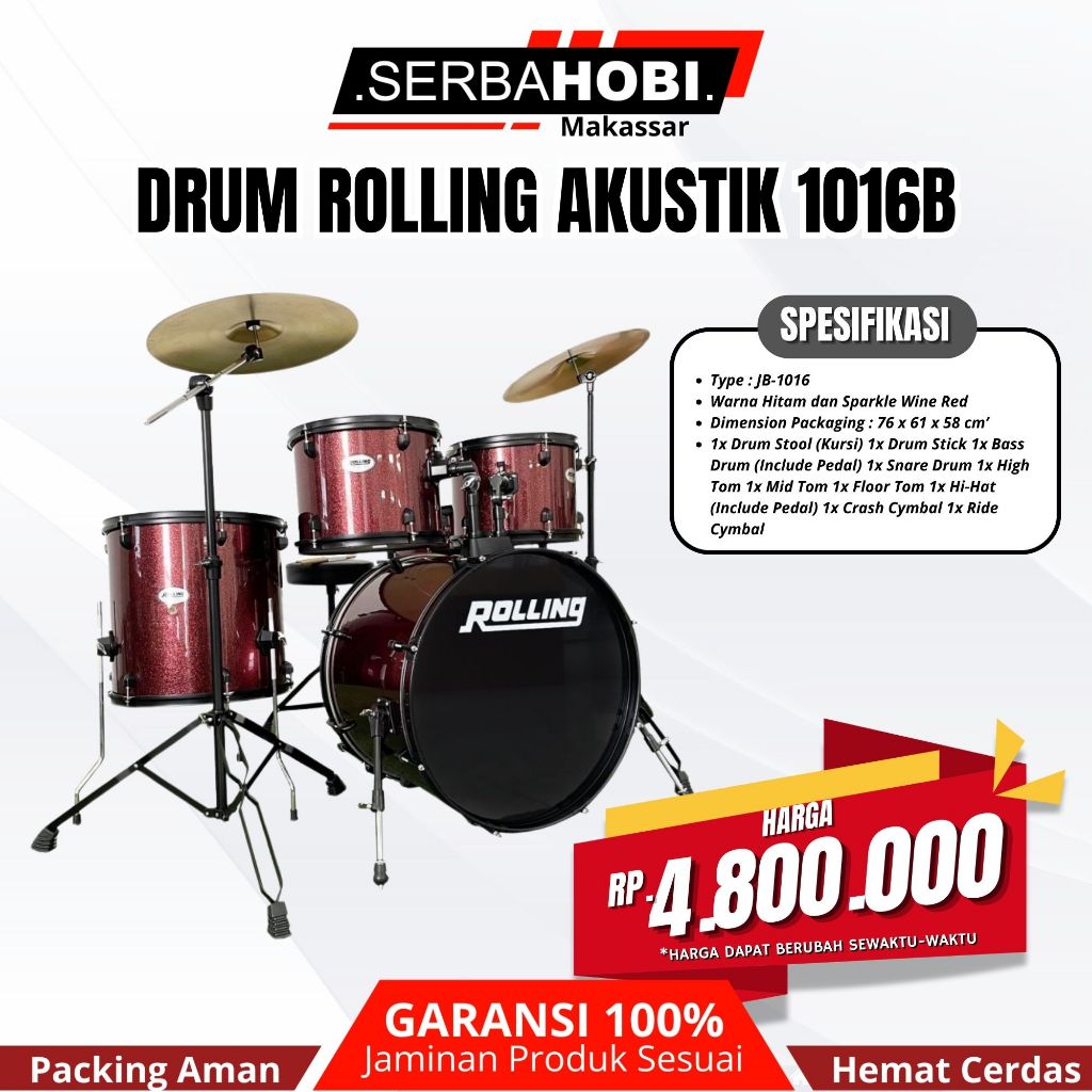 Harga Murah Drum Set Akustik Rolling JB-1016B/Drum Rolling