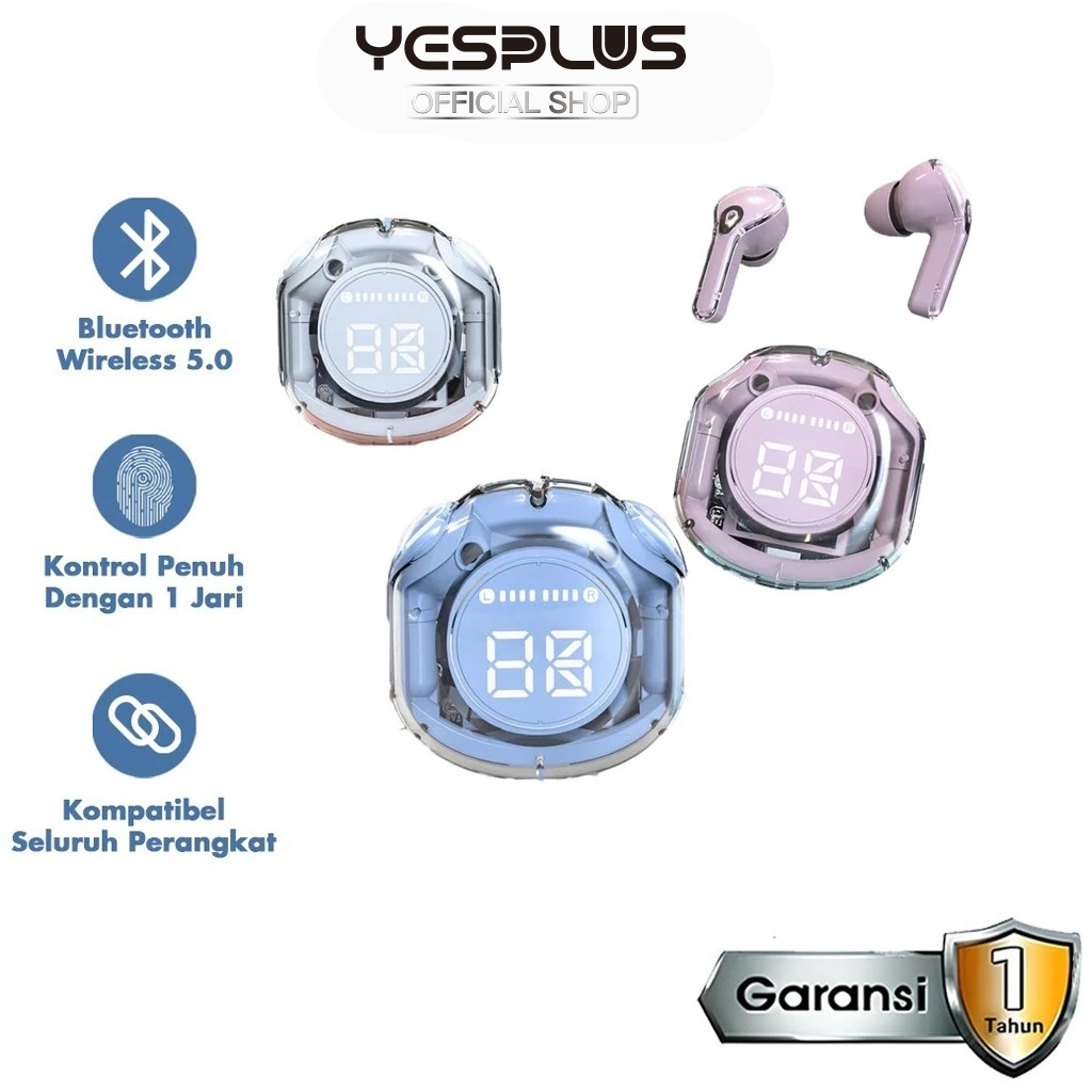 Headset Bluetooth YESPLUS Kristal AIR39 Low Latency Gaming TWS Putih|Pink