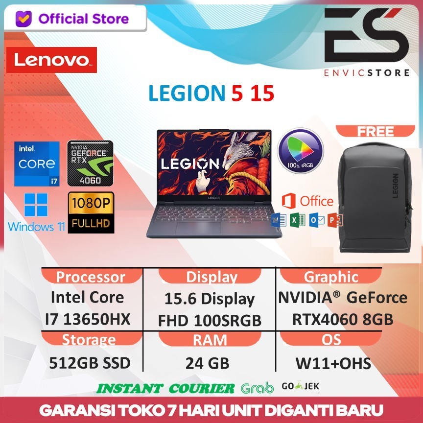 LENOVO LEGION 5 15 I7 13650HX RTX4060 24GB 512GB W11 OHS 15.6" FHD 144HZ 100SRGB