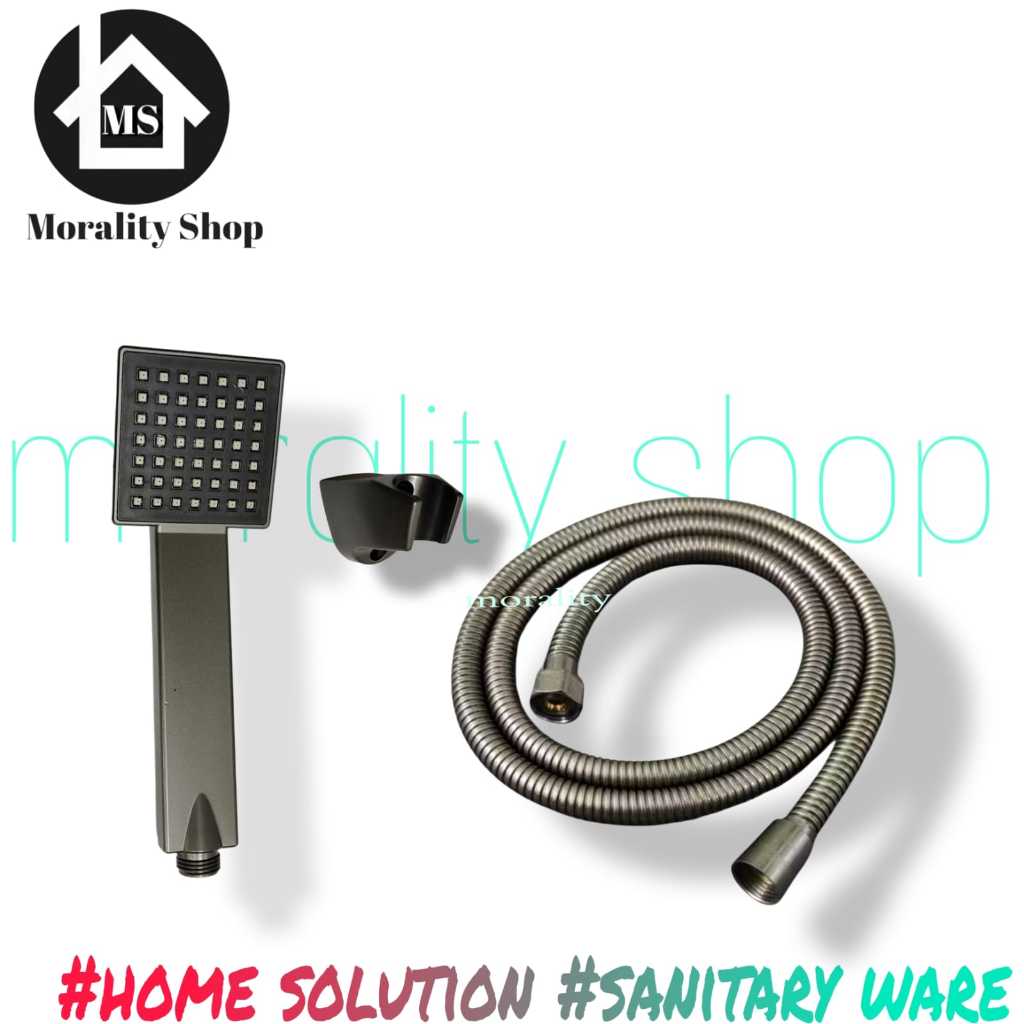 hand shower mandi set selang stainless abu-abu / kepala shower plastik kotak grey 23G