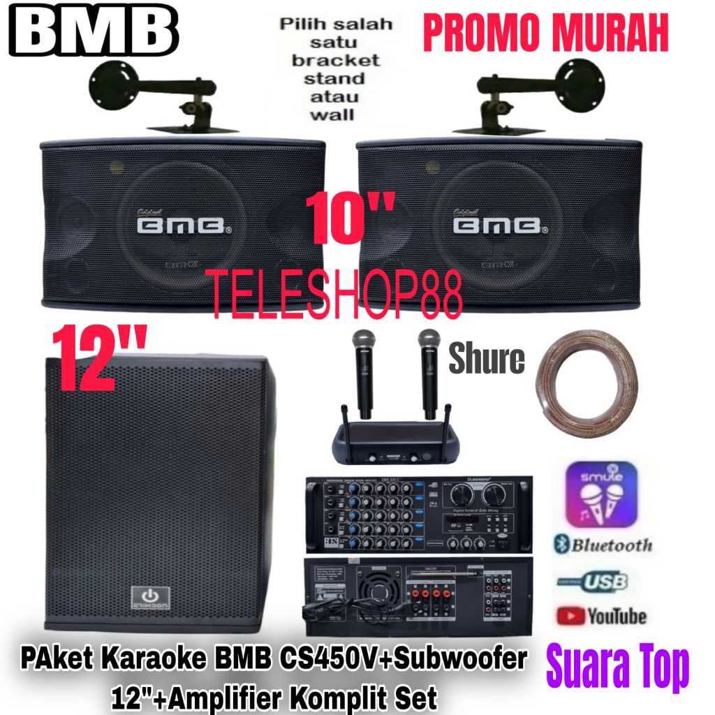 Paket Karaoke Speaker Pasif 10 Inch BMB CS450V+Subwoofer Crimson 12 Inch+Amplifier Dusenberg+1 Set M