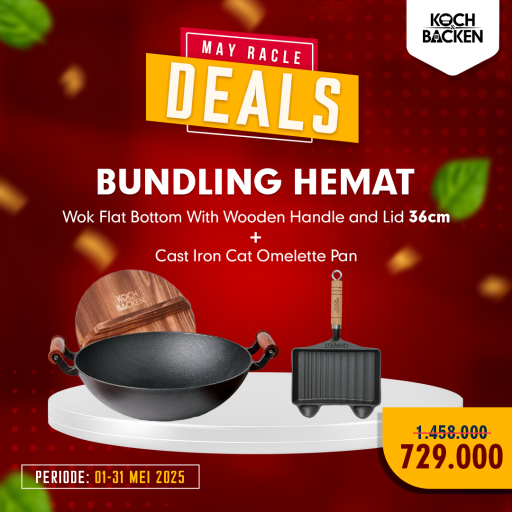 KOCH&BACKEN Cast Iron Wok Flat Bottom With Wooden Handle and Lid - Wajan Penggorengan Panci Besi Cor