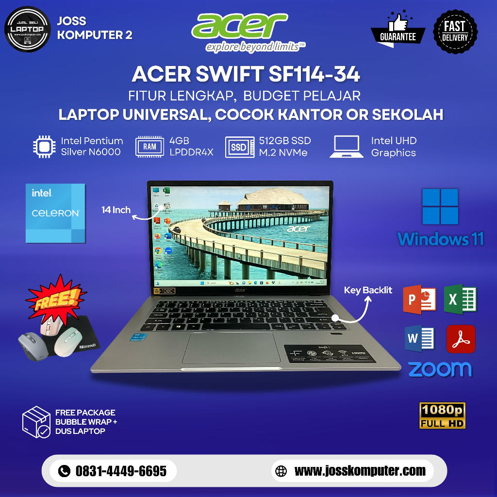 Laptop Second Murah Acer Swift 1 SF114-34 Intel Pentium Silver N6000 / RAM 4GB / SSD 512GB NVMe / In
