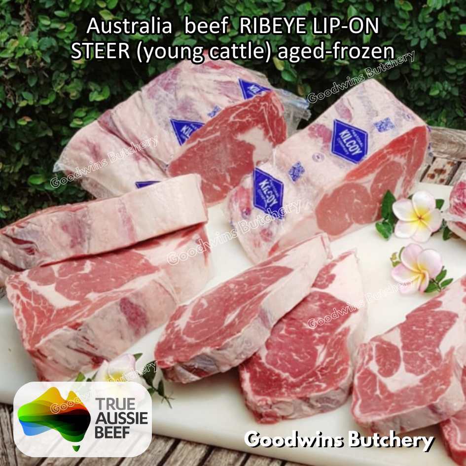 

Beef RIBEYE LIP-ON Australia STEER (young cattle) aged-frozen Kilcoy 640 Diamond Scotch-Fillet Cuberoll STEAK CUTS