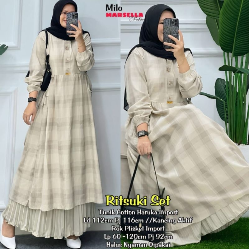 zaskia set #53 one set rok wanita kekinian by A.N.Y rok panjang plisket long tunik katun premium mid