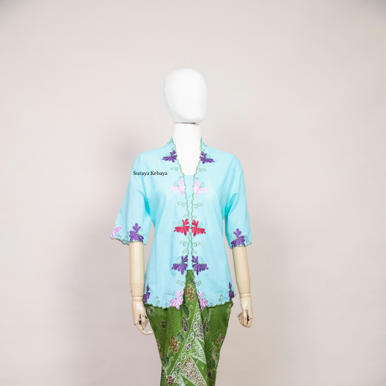 XL KEBAYA KATUN BUNGA TEPI TOSKA HIJAU MUDA