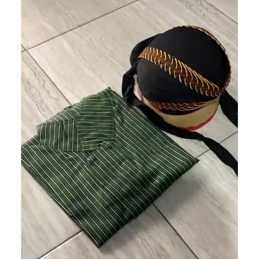 1 SET BAJU JAWA PRIA | SURJAN LURIK HIJAU + BLANGKON SLIWIR, PAKAIAN TENUN MODERN KLASIK KHAS TRADIS