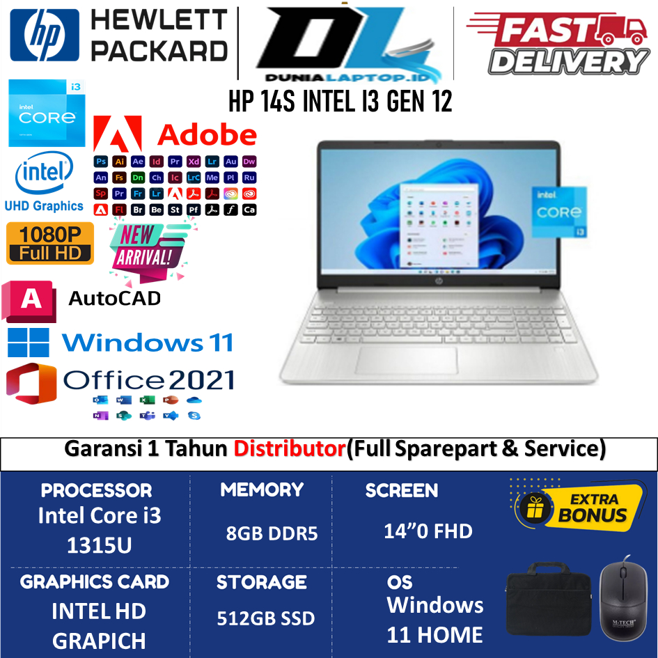 Laptop Sekolah Baru HP 14S Intel Core i3 1315U 16GB 1TB SSD Fhd Windows 11 Home Original Terlaris