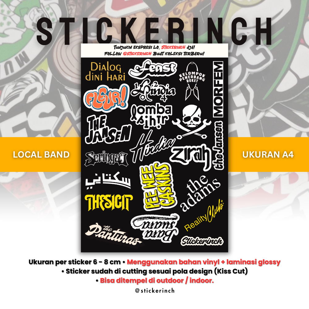 

Sticker Pack Local Band | Bahan Vinyl Glossy & Kiss Cut | Tahan Air dan Tahan Cuaca | Uk. A4, A5, A6