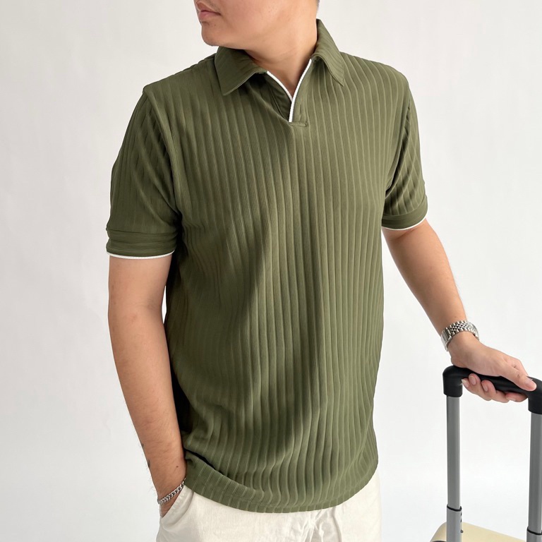 55BOOMING KANO Basics Colter Two Tone Poloshirt  Kaos Kerah Polo Knit Kombinasi Tekstur Garis Rajut 
