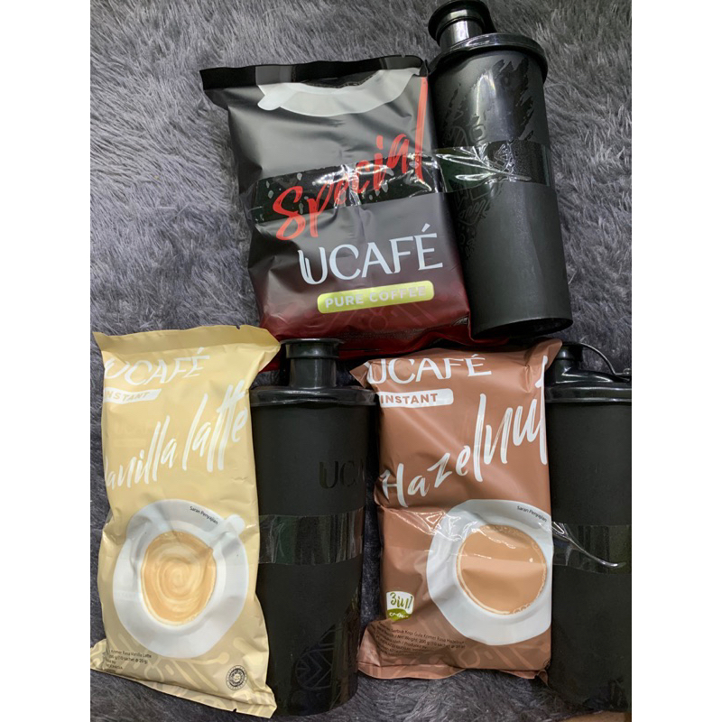 

UCAFE 10 pcs/1 renceng Gratis TUMBLR kopi instan Hazelnut, Vanilla Latte, Pure Coffee