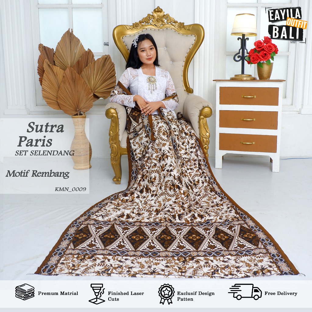 Eayila - Kamen Sutra Paris Set Selendang Kebaya Wisuda Motif Batik Lembaran Warna Putih